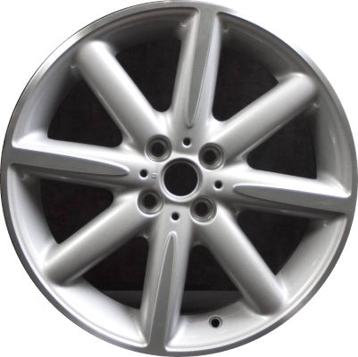 Mini Cooper (Convertible) 2013-2015, Cooper (Coupe) 2013-2015, Cooper (Hardtop) 2013 silver machined 17x7 aluminum wheels or rims. Hollander part number 86073, OEM part number 36116850503.