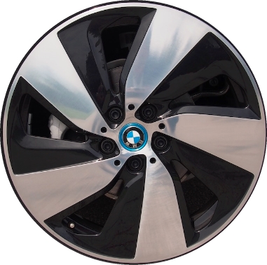 BMW i3 2014-2021 black machined 19x5 aluminum wheels or rims. Hollander part number ALY86167/86168, OEM part number 36116856896, 36116852056.