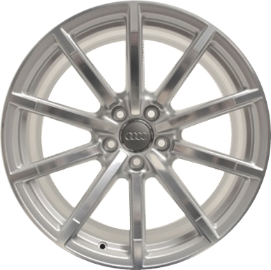 Audi A5 2013-2014, RS5 2013-2015, S5 2013-2017 silver polished 19x9 aluminum wheels or rims. Hollander part number 58946, OEM part number 8T0601025BG.