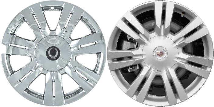 Cadillac SRX 2010-2016 Chrome, 7 Double Spoke, Plastic Hubcaps, Wheel Covers, Wheel Skins, Imposters. Fits 18 Inch Alloy Wheel Pictured to Right. Part Number IMP-357X.