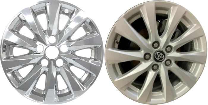 Toyota Camry 2018-2020 Chrome, 10 Spoke, Plastic Hubcaps, Wheel Covers, Wheel Skins, Imposters. Fits 17 Inch Alloy Wheel Pictured to Right. Part Number IMP-448X/7522PC.