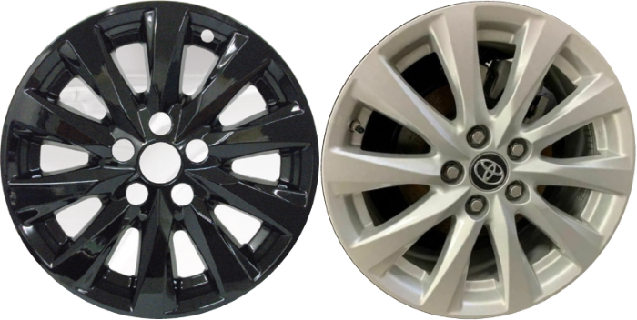 Toyota Camry 2018-2020 Black, 10 Spoke, Plastic Hubcaps, Wheel Covers, Wheel Skins, Imposters. Fits 17 Inch Alloy Wheel Pictured to Right. Part Number IMP-448BLK/7522GB.