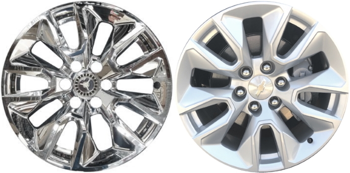 Chevrolet Silverado 1500 2019-2024 Chrome, 10 Spoke, Plastic Hubcaps, Wheel Covers, Wheel Skins, Imposters. Fits 20 Inch Alloy Wheel Pictured to Right. Part Number IMP-454X/2200PC.