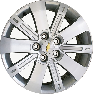 Chevrolet Equinox 2010-2012 silver machined 18x7 aluminum wheels or rims. Hollander part number ALY5434, OEM part number 9597540.