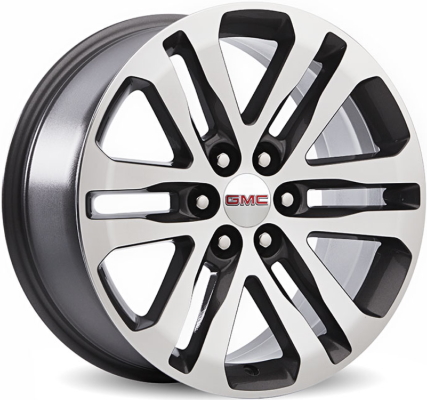 GMC Canyon 2015-2020 grey machined 18x8.5 aluminum wheels or rims. Hollander part number ALY5694A35, OEM part number 23283750.