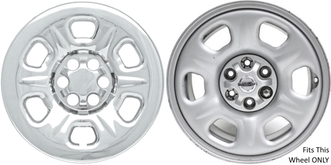 Nissan Frontier 2005-2024, Nissan Xterra 2005-2015 Chrome, 6 Hole, Plastic Hubcaps, Wheel Covers, Wheel Skins, Imposters. ONLY Fits 16 Inch Steel Wheel Pictured. Part Number IMP-69X.