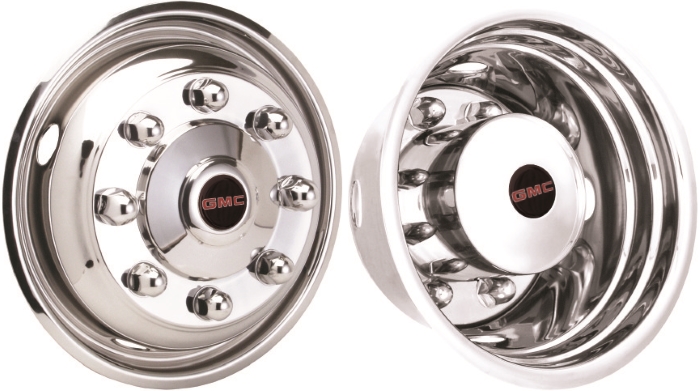 GMC TopKick C4500 1990-2009, GMC TopKick C5500 1990-2009, GMC TopKick C6500 1990-2009, Stainless Steel Hubcaps, Wheel Covers, Simulators and Liners for 19.5 x 6.75 Inch Steel Wheels. Part Number JGM1958675-GMC.