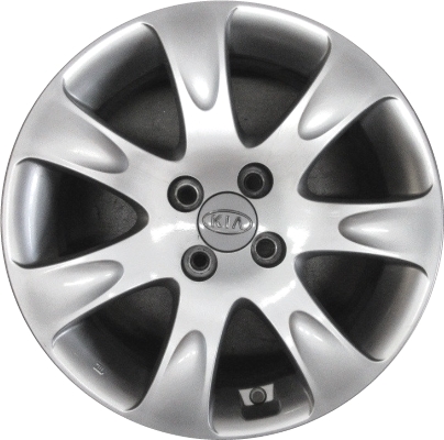 KIA Rio 2007-2011 powder coat silver 16x6.5 aluminum wheels or rims. Hollander part number ALY74605A20, OEM part number 529101G400, 529101G450, 529101G405.
