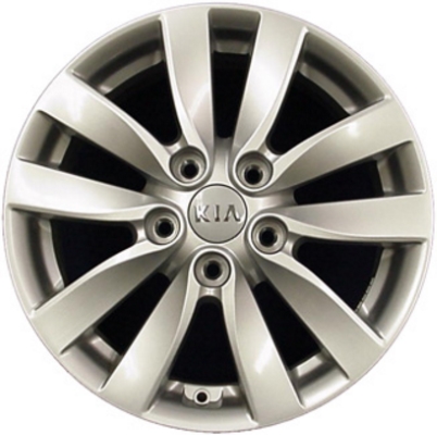 KIA Forte 2014-2016 powder coat silver 16x6.5 aluminum wheels or rims. Hollander part number ALY74677U, OEM part number 52910A7350, 52910A7300.