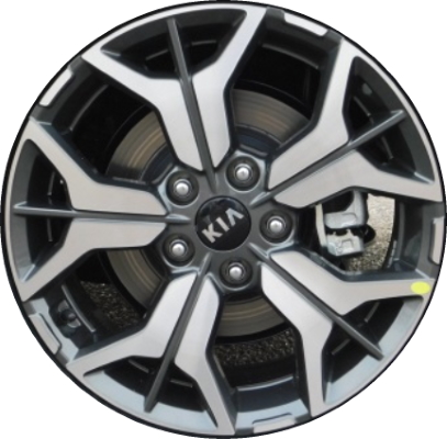 KIA Seltos 2021-2023 dark grey machined 17x7 aluminum wheels or rims. Hollander part number ALY74825, OEM part number 52910-Q5260, 52910-Q5240.