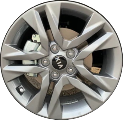 KIA Seltos 2021-2023 powder coat grey 17x7 aluminum wheels or rims. Hollander part number ALY74823, OEM part number 52910-Q5220, 52910-Q5200.