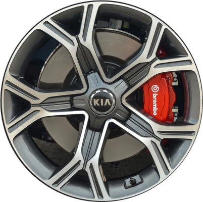 KIA Stinger 2018-2021 charcoal machined 19x8 aluminum wheels or rims. Hollander part number ALY74774, OEM part number 52910J5210, 52910J5230.
