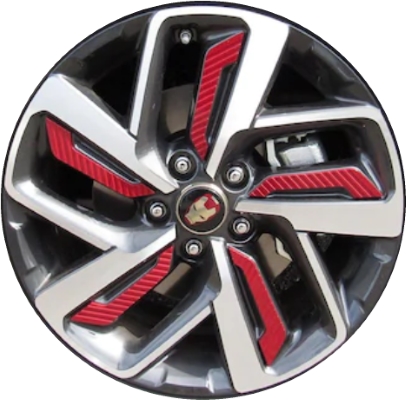 Hyundai Kona 2019 charcoal machined w/ red accents 18x7.5 aluminum wheels or rims. Hollander part number ALY70966, OEM part number 52910J9500.