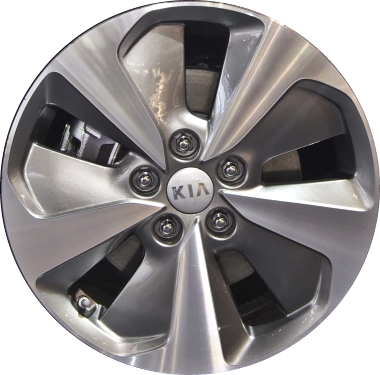 KIA Optima 2014-2016 grey machined 17x6.5 aluminum wheels or rims. Hollander part number ALY74709, OEM part number 529104U450, 529104U410.