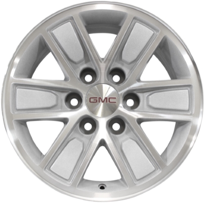 GMC Sierra 1500 2014-2018, Sierra 1500 Limited 2019 silver machined 17x8 aluminum wheels or rims. Hollander part number 5654, OEM part number 20937773.