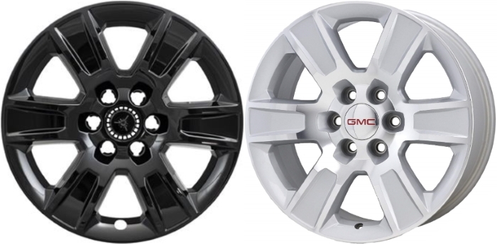 GMC Sierra 1500 2014-2018, GMC Sierra 1500 Limited 2019 Black, 6 Spoke, Plastic Hubcaps, Wheel Covers, Wheel Skins, Imposters. Fits 20 Inch Alloy Wheel Pictured to Right. Part Number IMP-426BLK.