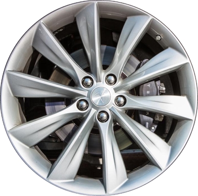 Tesla Model S 2012-2017 powder coat silver 21x8.5 aluminum wheels or rims. Hollander part number ALY98727U20/210012, OEM part number Not Yet Known.