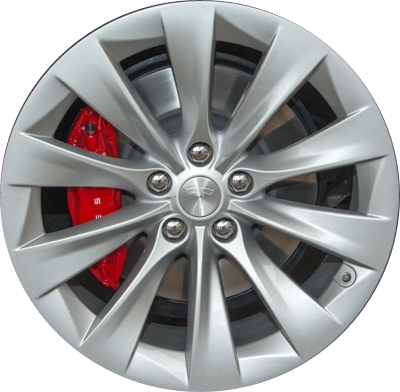 Tesla Model X 2016-2021 powder coat silver 20x9 aluminum wheels or rims. Hollander part number ALY97800U20/200198, OEM part number Not Yet Known.