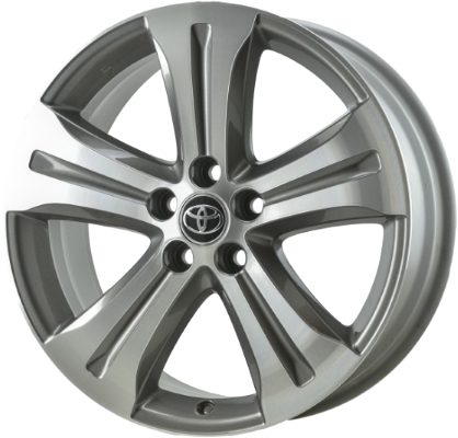 Toyota Highlander 2008-2013 silver or grey machined 19x7.5 aluminum wheels or rims. Hollander part number ALY69536U, OEM part number 426110E150, 4261148560, 42611OE160, 4261148510, 4261148520, 4261148530, 4261148540.