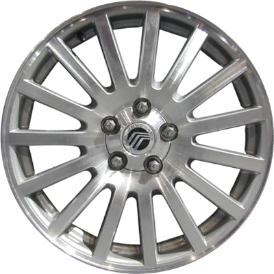 Mercury Montego 2005-2007 silver machined 18x7 aluminum wheels or rims. Hollander part number ALY3582, OEM part number 7T5Z1007A, 5T5Z1007AA.