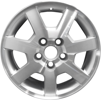 Cadillac CTS 2005-2007 silver machined 16x7 aluminum wheels or rims. Hollander part number ALY4555/4591, OEM part number 9595741, 9596892.